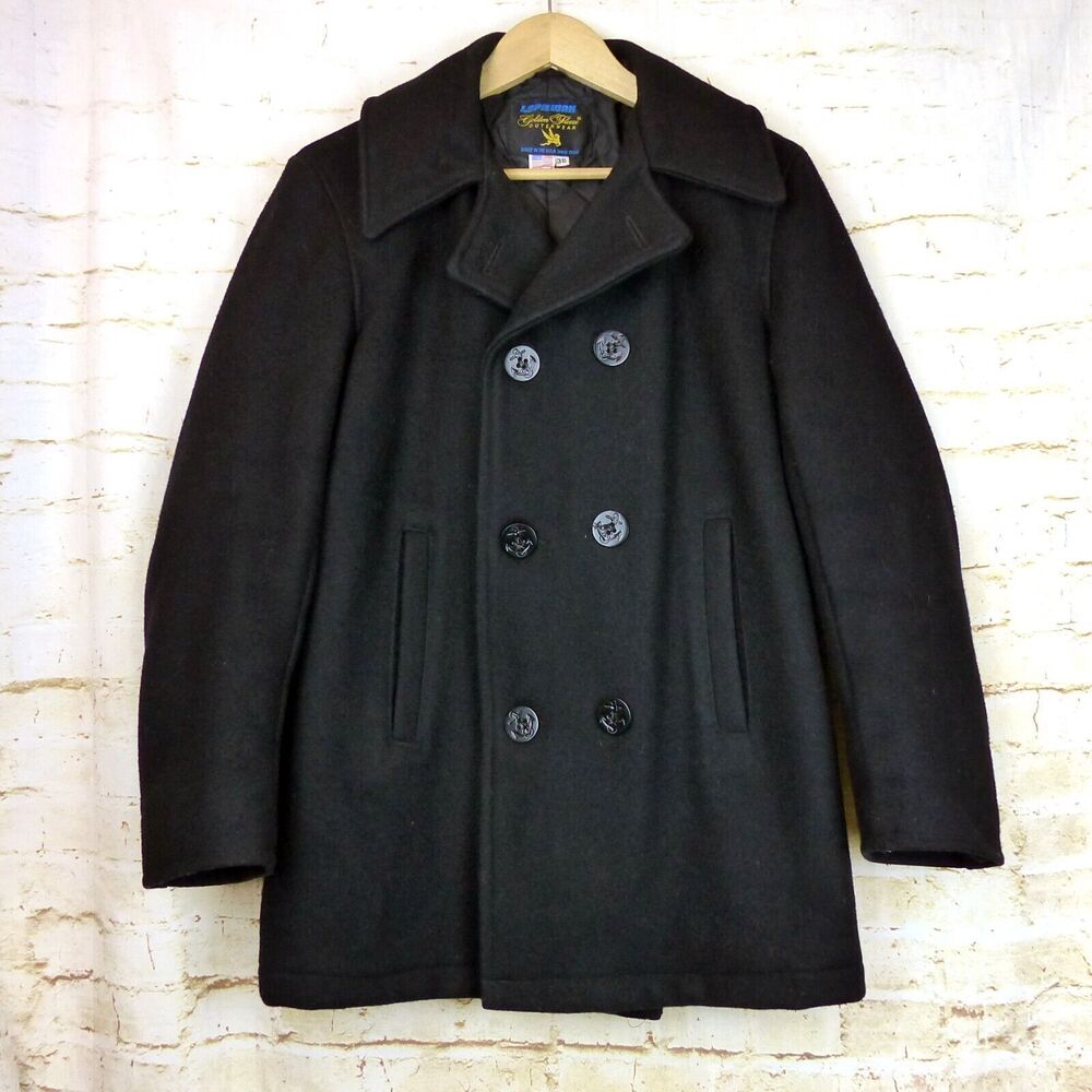 VTG I Spiewak Peacoat Mens 38 M Black Wool Naval Double Breasted Golden Fleece